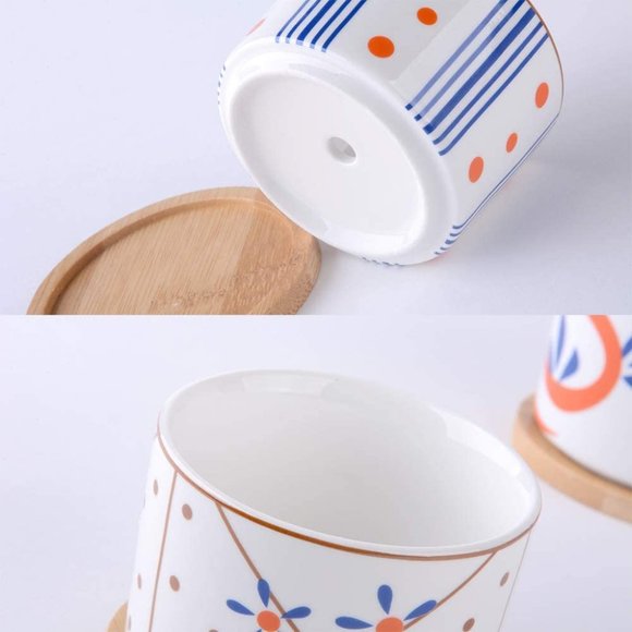 4 Ceramic Planters for Cactus Succulent with Drainage Hole & Bamboo Saucers 3" - Picture 5 of 6